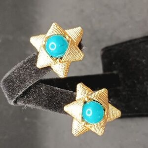 Vintage Gold Star Earrings with Blue Center